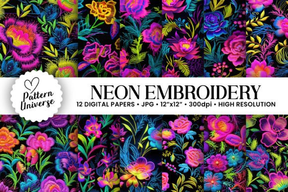 Neon Embroidery Flowers Digital Papers Review